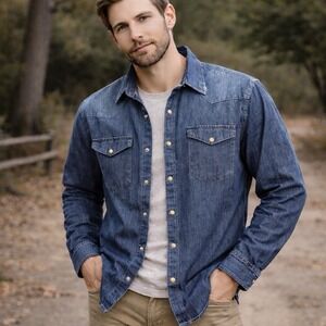 Wrangler Western Heavy Faded Blue Denim Pearl Snap Cowboy Workwear Mens Large